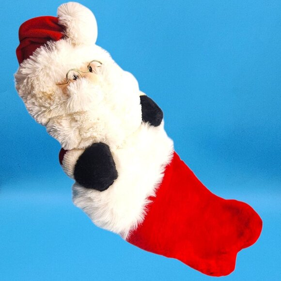 Vintage 1990s Santa Plush Stocking Furry Santa Face Gold Glasses Plaid Bow 26" - Picture 4 of 11